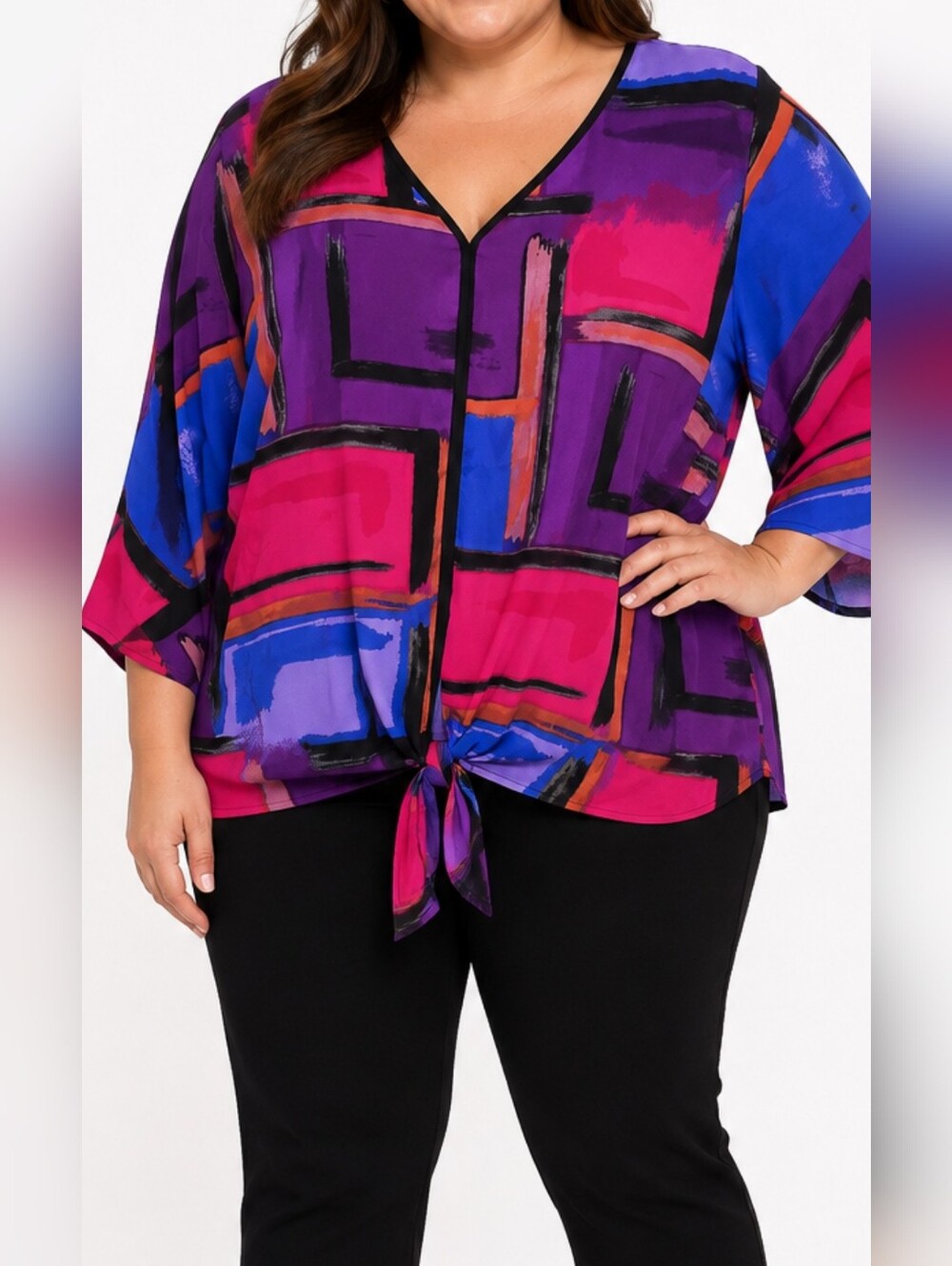 Melissa Paige 1X Abstract Print Tie Front Blouse Plus Size Purple Pink Blue